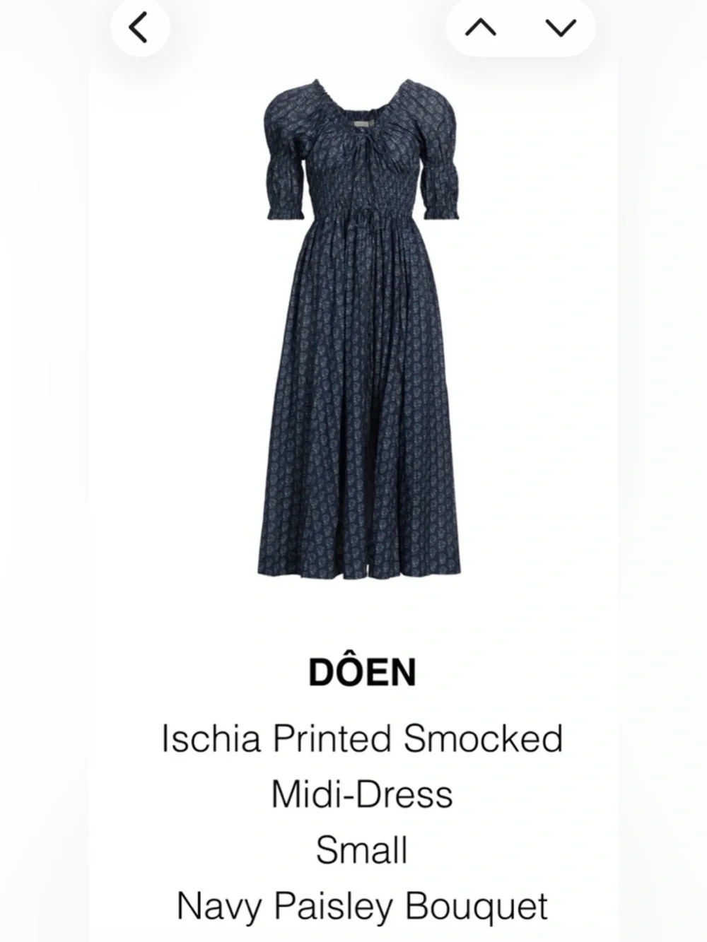 DÔEN Ischia Printed Smocked Midi Dress — Navy Paisley Bouquet. Size S - Picture 2 of 8